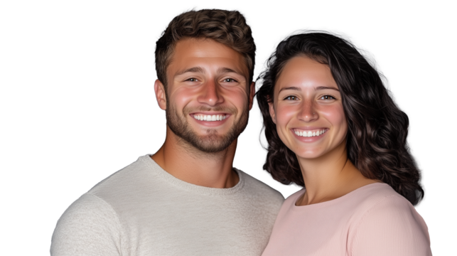 Smiling couple portrait with transparent background showcasing joyful expressions and natural lighting - Powered by Adobe