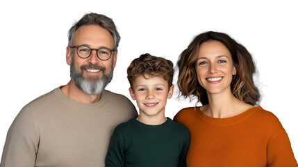 Family portrait with smiling parents and child on transparent background