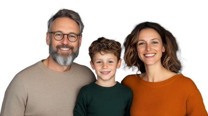Family portrait with smiling parents and child on transparent background