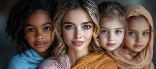 Obraz premium Three Women in Colorful Clothing Standing Together with Soft Natural Lighting