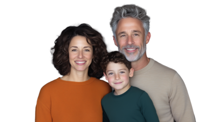 Family portrait with smiling parents and child on transparent background