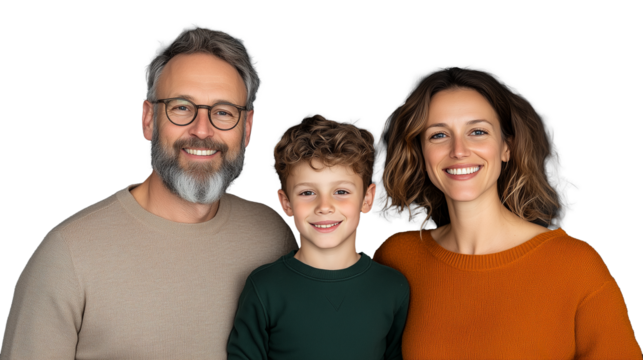 Family portrait with smiling parents and child on transparent background