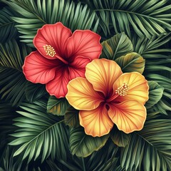 Obraz premium hibiscus, tropical flower, floral background, exotic flowers, botanical illustration, flower pattern, tropical design, red hibiscus, floral art, flower painting, hawaiian flowers, jungle leaves, palm 