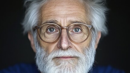 Focused Elderly Man with Glasses and White Beard in Dark Background