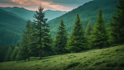 Fototapeta premium Lush green pine trees adorn the landscapes of the Ukrainian Carpathian Mountains.