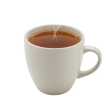 Clean white ceramic hot tea mug with light steam rising from the dark brown beverage surface, concept for warm drinks, morning rituals and cozy relaxation