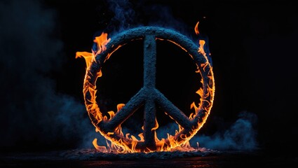 Flaming peace symbol illuminated against a dark backdrop