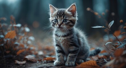 adorable kitten in a natural setting, charming feline among foliage