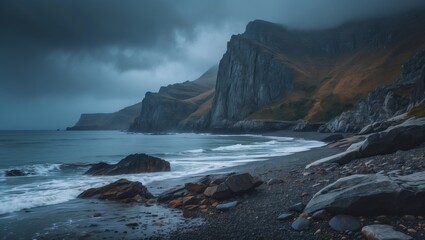 Stunning scenery of a rocky coastline under a dramatic sky