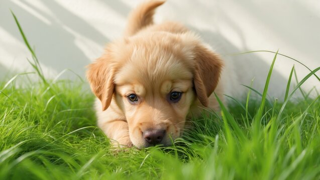 Adorable small golden retriever puppy exploring lush green grass