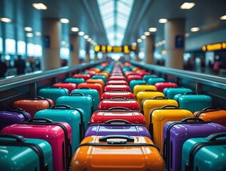 Fototapeta premium Vibrant, colorful suitcases lined up on an airport baggage claim conveyor belt, representing travel, tourism, and international journeys. Luggage waiting for passengers at a busy terminal