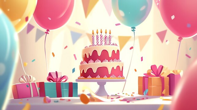 Birthday Cake Illustration: Festive Balloons and Gifts