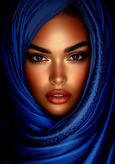 Fototapeta premium Woman with a blue scarf on her head. She has brown eyes and red lips. The scarf is blue and has a shiny texture