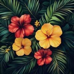 Fototapeta premium hibiscus, tropical flower, floral background, exotic flowers, botanical illustration, flower pattern, tropical design, red hibiscus, floral art, flower painting, hawaiian flowers, jungle leaves, palm 