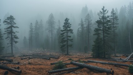 Aftermath of a pine forest following logging on a misty day.