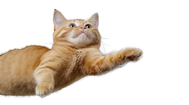 Playful orange cat jumping in mid-air on transparent background