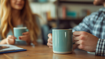 Close-up of colleagues holding coffee mugs during a casual office meeting