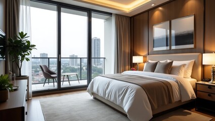 Luxury furnished new apartment styled in Canadian design with exterior city views.