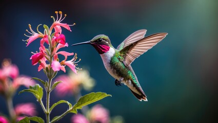 Fototapeta premium Female Ruby-throated hummingbird hovering near a flower, Louisville, Kentucky.