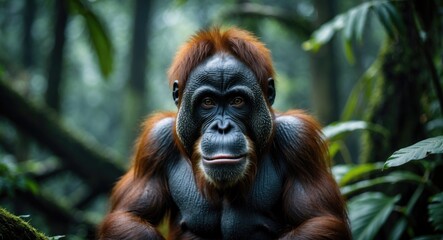Fototapeta premium Stunning male Sumatran Orangutan (Pongo abelii) spotted during an ecotourism trek in Gunung Leuser National Park, Bukit Lawang, Sumatra, Indonesia.