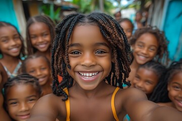 Fototapeta premium Black children take a selfie with a smartphone, capturing a moment and camaraderie among friends.
