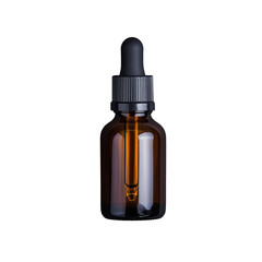 Fototapeta premium Amber glass dropper bottle with black cap on transparent background