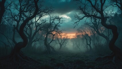 enigmatic shadowy forest, eerie backdrop of nature
