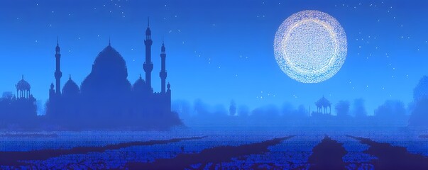 Blue mystic landscape with silhouette of castle and radiant moon