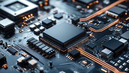 Futuristic Technology Concept with CPU Chip and Circuit Board Illustrating Advances in Artificial Intelligence and Digital Data Flow.