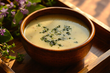 Miso soup close-up udon noodles in a rustic stoneware bowl, with gentle sunlight filtering through a jungle-inspired environment, artisan-crafted bowl, placed on a wooden tray with floral