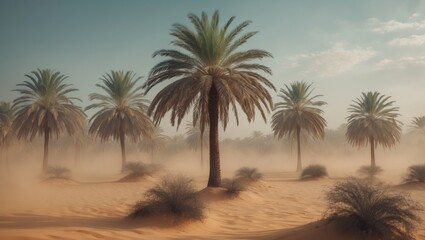 Fototapeta premium Palm Trees Emerging from Dusty Terrain. Imaginary backdrop. Artistic expression resembling reality. Video game landscapes inspiration. Digital art representation of a scene. Realistic illustration....