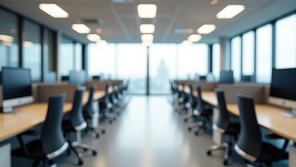 Vacant contemporary office area featuring a series of desks divided by partitions