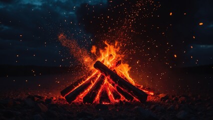 Radiant red sparks soar from a large fire under the night sky. Stunning abstract backdrop inspired by fire, illumination, and vitality. Glowing orange particles drift against a dark background in 4k.