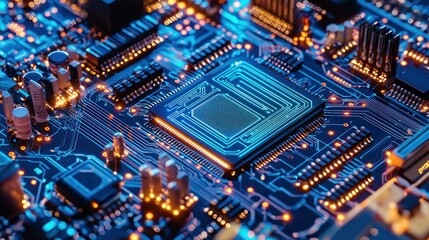 Close-up of a Circuit Board with Glowing Components: A Detailed Look at Modern Technology