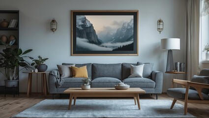 mockup picture frame set against a stylish white living room backdrop