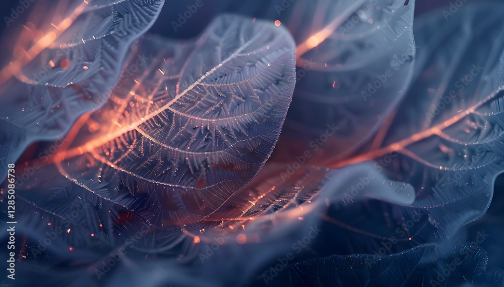 Poster close-up of intricate patterns on glowing frost-covered leaves, illuminated by soft morning light, c