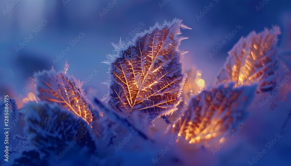 Poster close-up of intricate patterns on glowing frost-covered leaves, illuminated by soft morning light, c