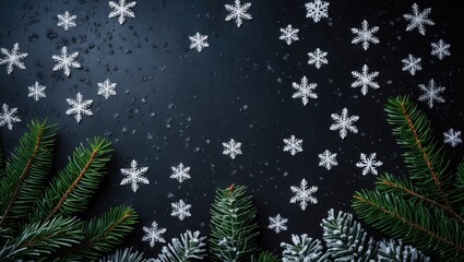 Dark background featuring snowflakes and evergreen branches for the holiday season.