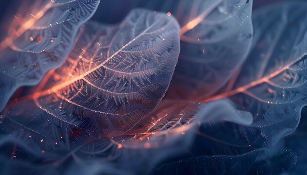 Close-up of intricate patterns on glowing frost-covered leaves, illuminated by soft morning light, cinematic natural intricacy