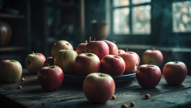 Various apples arranged on a table