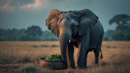 Naklejka premium An Elephant Enjoying a Meal in the Open Field