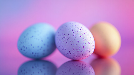 Colorful speckled Easter eggs on reflective pastel surface