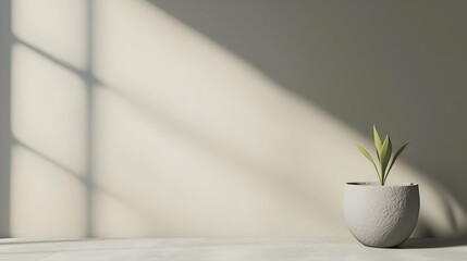 Minimalist plant in pot, sunlit room, neutral wall