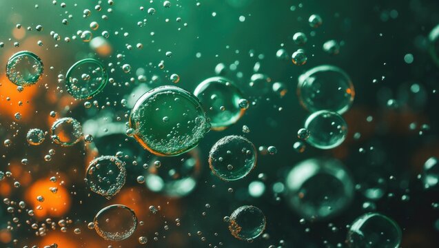 Textured background featuring water bubbles in shades of green and orange.