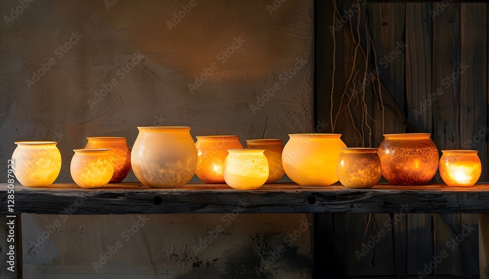 Poster close-up of glowing ceramic pots displayed on a rustic wooden table, illuminated by warm soft light,