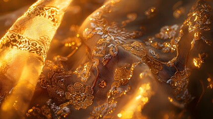 Close-up of glowing delicate embroidery on a traditional scarf, illuminated by warm golden light, cinematic cultural artistry