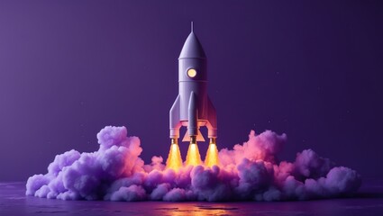 Obraz premium Vibrant purple rocket concept for a new venture. Space vehicle launch. SEO tactics and enhancement. Business-themed space icon for a whimsical design against a violet backdrop.