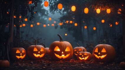 jack-o'-lanterns surrounded by a painted backdrop for a Halloween gathering