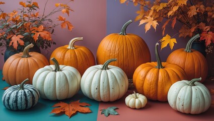 Anime-inspired arrangement of charming fall scenes featuring pumpkins on a vibrant backdrop.