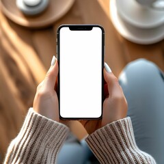 Pictured is a woman's hands holding a smartphone with a large blank white screen for a new app or mobile website, banner mockup for advertising.